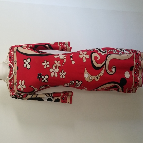 City Triangles Red Floral Paisley Print Boat Neck 3/4 Length Sleeve Dress - Picture 3 of 12